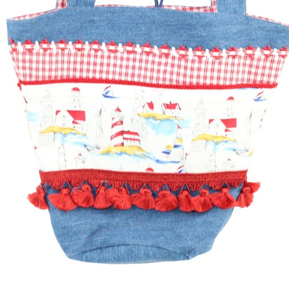 Handcrafted Handsewn Lighthouse Plaid Denim Embellished Lined Shoulder Purse Bag - Picture 4 of 16